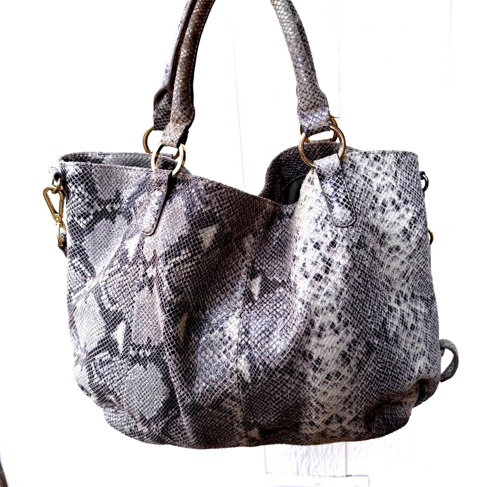 G.I.L.I Genuine‎ Leather Snakeskin Embossed Purse Tote Bag Grey XL Crossbody - Picture 2 of 14